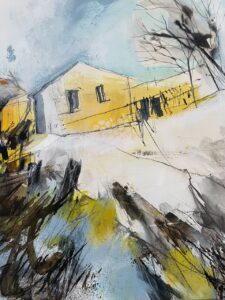 Nicola Durrant OAS: Barn painting using collage, ink, pastel and acrylics.
