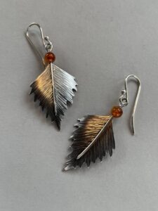 Josephine Malden: Birch leaf earrings with carnelian bead