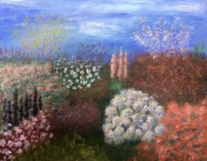 Mirjam Chappell: Oxford garden 2, acrylic on canvas, framed 47 x 38 cm, £95