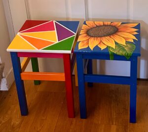 Louise Gustafson: Painted wooden stools, assorted designs. £100 each. Commissions welcome.