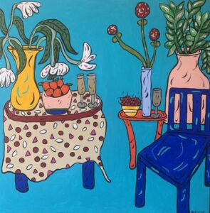 Barbara Harrison Caban: Blue Chair - Acrylic on Box Canvas 36inch / 91cm sq ( 2025)