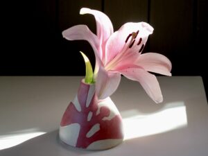 Leigh Hicks: A small stoneware budvase with pink lily, decorated with botanical sgraffito in pink and white