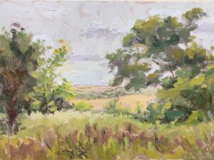 Caroline Vivian: Through Summer Trees, Oil on board (19 x 14cm)