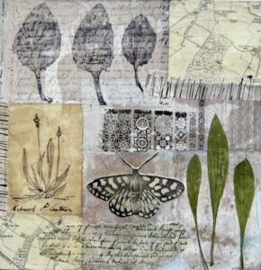 Catherine Rye: Sacred Herb - An encaustic collage of papers with leaves, ephemera, maps, a butterfly and calligraphy