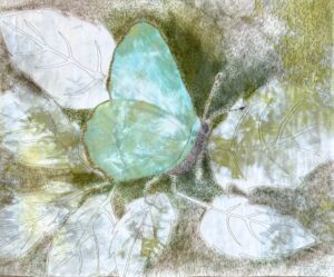Catherine Rye: Green Hairstreak - A printed silk art quilt of a  butterfly with appliqué, machine embroidery and applied colour