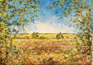 Louise Gustafson: Gap in the hedge. A5 acrylic on canvas. £80