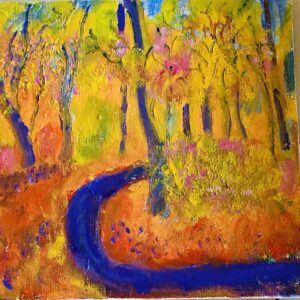 Jacqueline Burrage: Autumn woods.  Oil on canvas.  10 x 7 inch framed.  £55