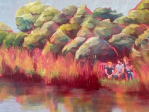 Challoner Spokes: Colourful landscape painting of a tree-filled riverbank with three friends sitting on a bench near the water
