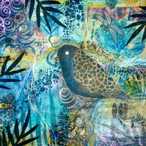 Sarah B Smith: Birds singing in the dead of night, acrylic with collage, stencils.