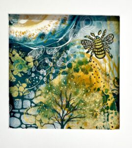 Sarah B Smith: Bee's resting, acrylic with collage and stencils.