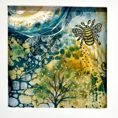 Bee's resting, acrylic with collage and stencils.