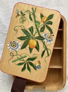 Gabriella Blakey OCG: Gabriella Blakey  'Passion Flowers' - Marquetry: Coloured veneer inlaid wood panel, on bamboo jewellery box