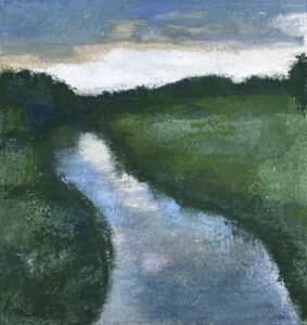 Flora Gregory: Colour sketch, Evenlode River, evening.