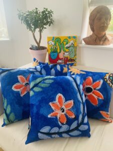 Barbara Harrison Caban: Velvet cushion cover ( with or without insert) hand painted design, printed in Kent UK & sewn locally. Zippered 16inch / 40cm