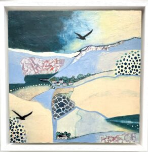 Sarah B Smith: Navigating the pathways, acrylic with collage, stencils on panel.