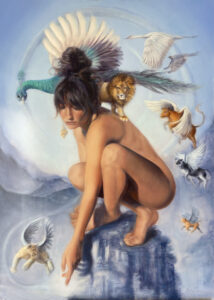 Karina Tarin OAS: Hera: an oil painting of Greek goddess Hera, queen of the gods, with a peacock and lion and birds and flying animals that are associated with her in Greek mythology
