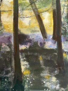 Flora Gregory: Colour sketch, bluebell woods, mixed media.