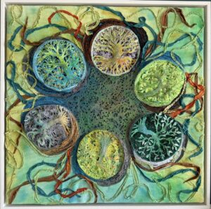 Ginny Staniford: Carnival of the Trees  (upcycled textiles & expand paste). White floating frame. 56cm square. £150.