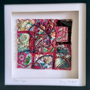 Ginny Staniford: Pink Tangle (upcycled textiles). Box framed. 27cm square. £50.