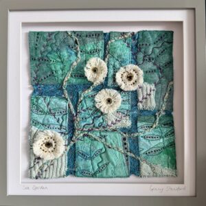 Ginny Staniford: Sea Garden (upcycled textiles). Box framed. 32cm square. £60.