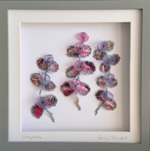 Ginny Staniford: Hollyhocks (upcycled textiles & woollen yarn). Box framed. 27cm square. £50.