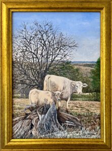 Louise Gustafson: Winter Cows. 49x36.5cm with frame. £200. Acrylic on canvas,