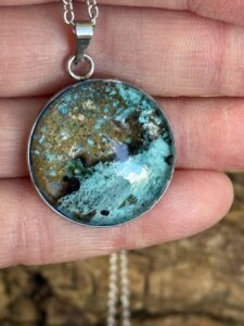 Rachel Gabriel: Suspended necklaces - unique mini wearable landscapes cultivated from copper and verdigris