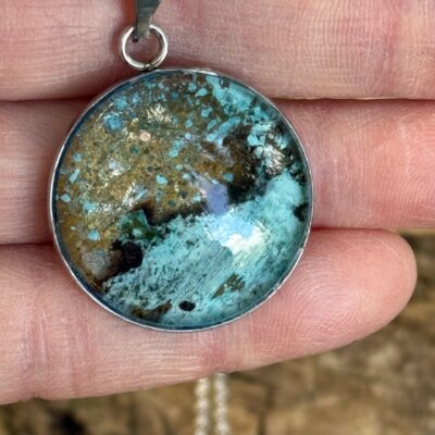 Suspended necklaces - unique mini wearable landscapes cultivated from copper and verdigris