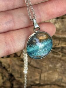 Rachel Gabriel: Suspended necklaces - unique mini wearable landscapes cultivated from copper and verdigris