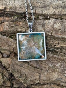 Rachel Gabriel: Suspended necklaces - unique mini wearable landscapes cultivated from copper and verdigris