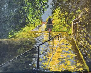 Louise Gustafson: Street lights reflecting on flooded Mill Lane, Middle Barton. Acrylic on canvas. Framed. £200