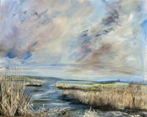 Karen Joy: Stillness in the Reeds acrylic on box Canvas 30x24" £345