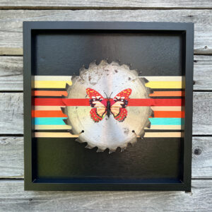 Ian Roxburgh: IR-ART#133 - Old saw blade with a fake butterfly and painted stripes