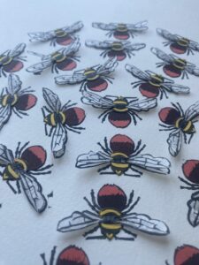 Lizzie Waterfield: Red-bottomed Bee Ball, print and paper collage, 2025 (sold)