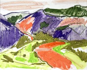 Josie Clouting: Orange River Study, oil bar on mountboard, 56 x 46cm