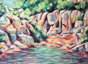 Challoner Spokes: A colourful painting of a rocky coastline with a turquoise sea.