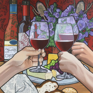 Kevin Hinton: One of three panels (cropped) celebrating entertaining. Oil on cradled panel, each 20 x 24 inches.