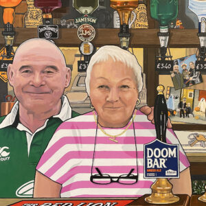 Kevin Hinton: Portrait of Bill and Jan to mark their retirement (cropped). Oil on cradled panel 24 x 18 inches.