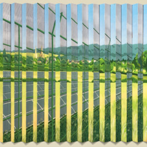 Kevin Hinton: How close? This close! Section of image created for the Forever Fields exhibition. Oil on a series of triangular wooden strips, 33 x 15 inches.