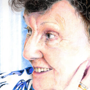 Kevin Hinton: Portrait of mum (cropped). Coloured pencil 24 x 18 cm.