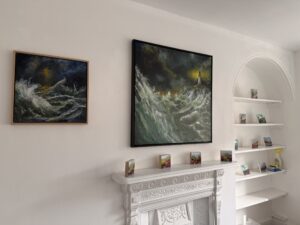 Rachel Gabriel: Land of My Sister - a stormy sea painting with lighthouse on canvas. 80x80cm in a gallery-standard floating frame