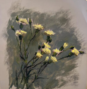 Lucy Priest: Leaning Carnations, Yellow, 2026, oil on paper, 33 x29 cm