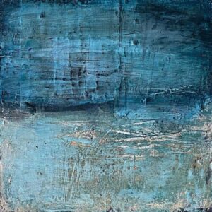 Hannah Vickery OAS: Textured abstract landscape in blues and gold