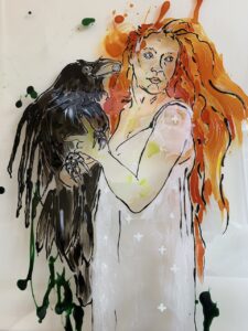 Sue Eves SOA: Lizzie and the Raven. Looking for a female Victorian Gothic counterpart to the Pre-Raphaelite painter, Dante Gabriel Rossetti, I found his sister, Christina Rossetti and her narrative poem Goblin Market. I painted the moment when Lizzie returns with her silver penny from the Goblin Market - successful in winning the antidote for her dying sister Laura. Even the fiercest spirit would need an ally to counter dark magic, so I added the raven. I used a palette knife to achieve the sheer quality of her gown and poured paint to capture her ordeal. The crosses in the detail are a symbol of her Christian faith. Vitrail Transparent Paint, Acrylic Panel Dimensions: 33cm x 45cm (Framed). Image size 29.7 x 42cm Price: £400 Framed