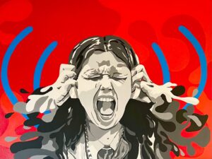 Tania Humphrey: Lost in Music was inspired by my niece who is a singer. Here she is wearing her headphones, immersed in music and is completely unaware of what's happening around her. The piece is painted using acrylic paint in tones of mono on a vibrant red background to represent energy, turquiose soundwaves are all around her and she is metling away to represent her total immersion in her art. Lost in Music is painted on a 60x80cms canvas, unframed but ready to hang and available to buy. £650.00.