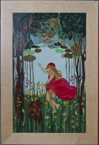 Gabriella Blakey OCG: Gabriella Blakey  'Little Red Riding Hood' - Marquetry: Coloured veneer inlaid wood panel