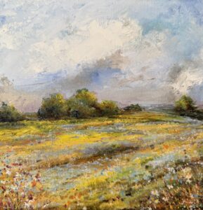Jill Smith: Meadow Flowers, oil, 20 x 20 cm plus frame