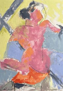 Penny Astrop: Naomi astride the chairs, Oil on board, 85cms x 190cms, Framed, £300