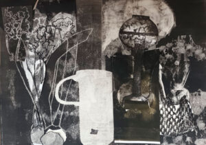 Jane Strother OAS: Oil Lamp, Hyacinth and Mug, pieced monoprint, oil on paper