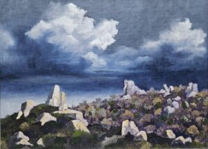 Dirk Pretorius OAS: 'Ominous Africa' - This painting captures two features of Southern African landscape that are dear to me - unique rock outcrops and cloud formations that embody both promise and threat simultaneously.